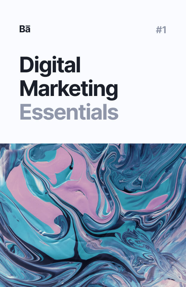 "Digital Marketing Essentials Book Cover with Abstract Blue and Pink Swirl Design."