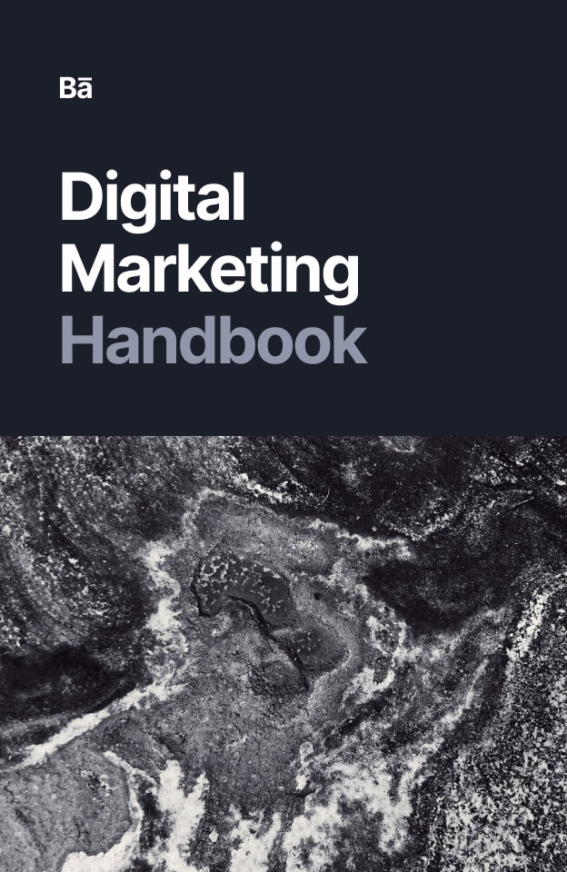 "Cover of 'Digital Marketing Handbook' featuring bold white text on a dark background with a marbled texture design."